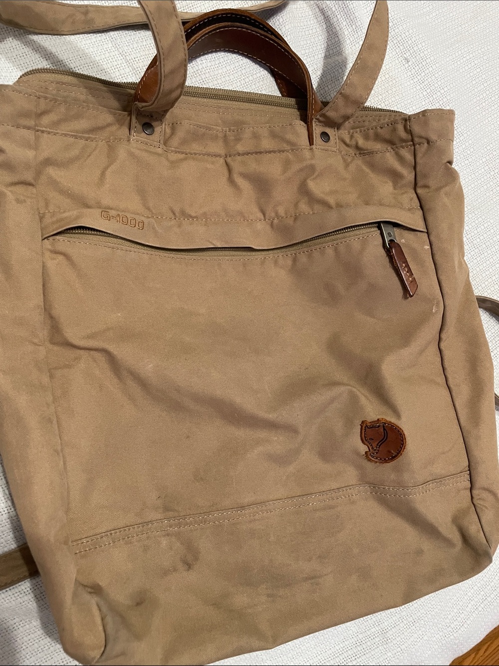 Fjallraven Tan G-1000 Canvas Backpack Tote with Leather Accents